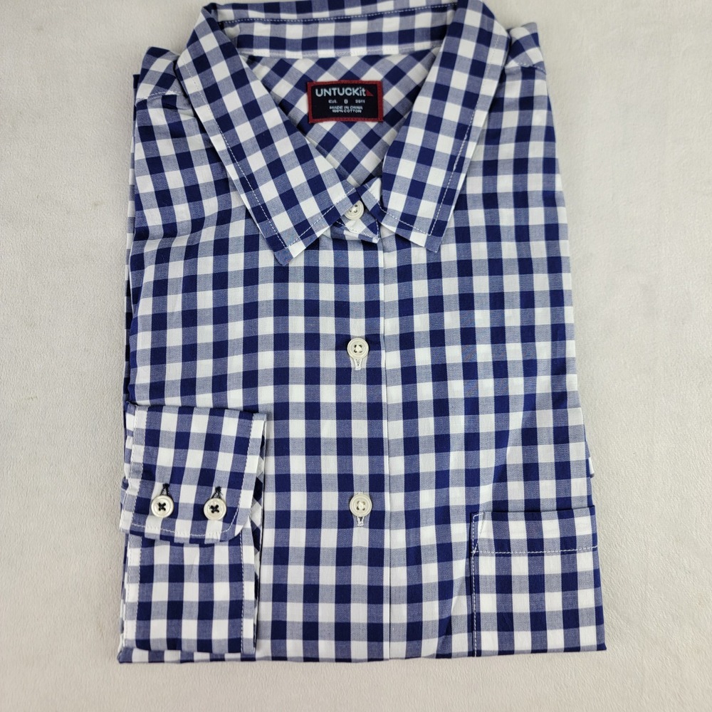 Untuckit Belleza Womens 8 Navy Gingham Check Long Sleeve Button Up Casual‎ NWT
